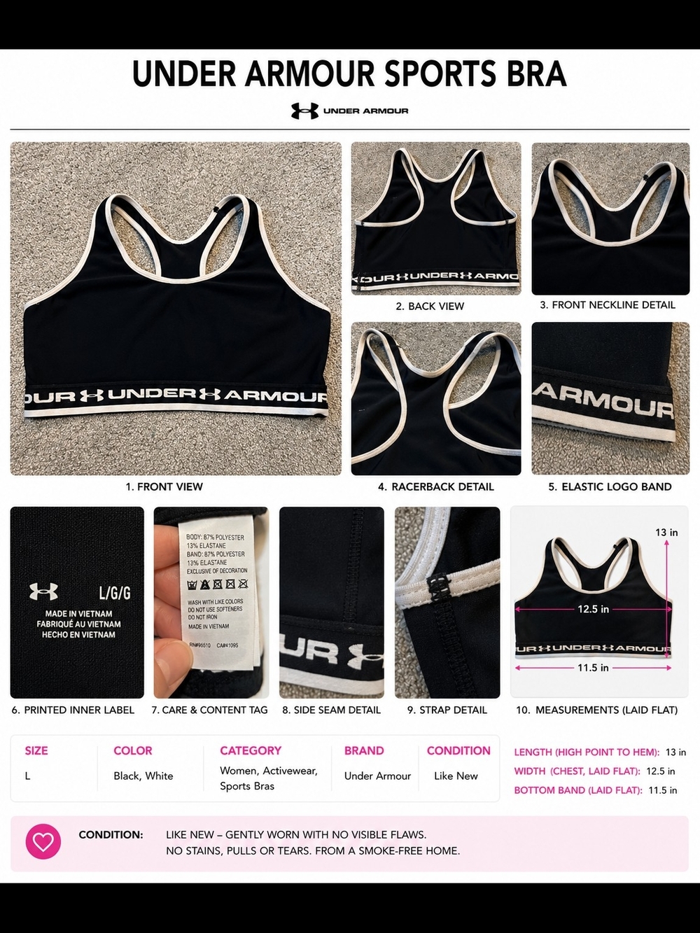 Under Armour Black with White Trim Racerback Sports Bra